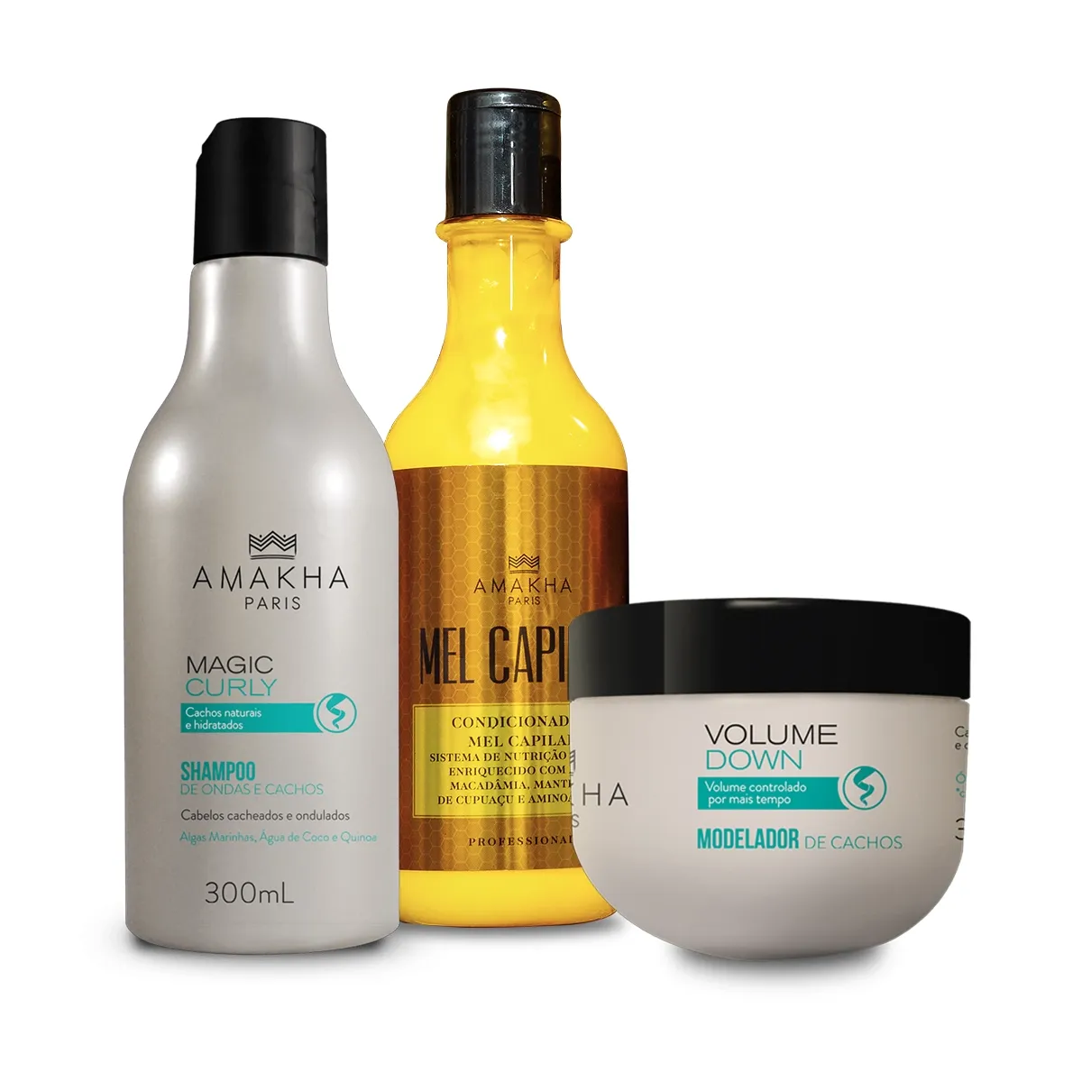 Kit Shampoo Magic Curly + Condicionador Mel + Modelador Volume Down